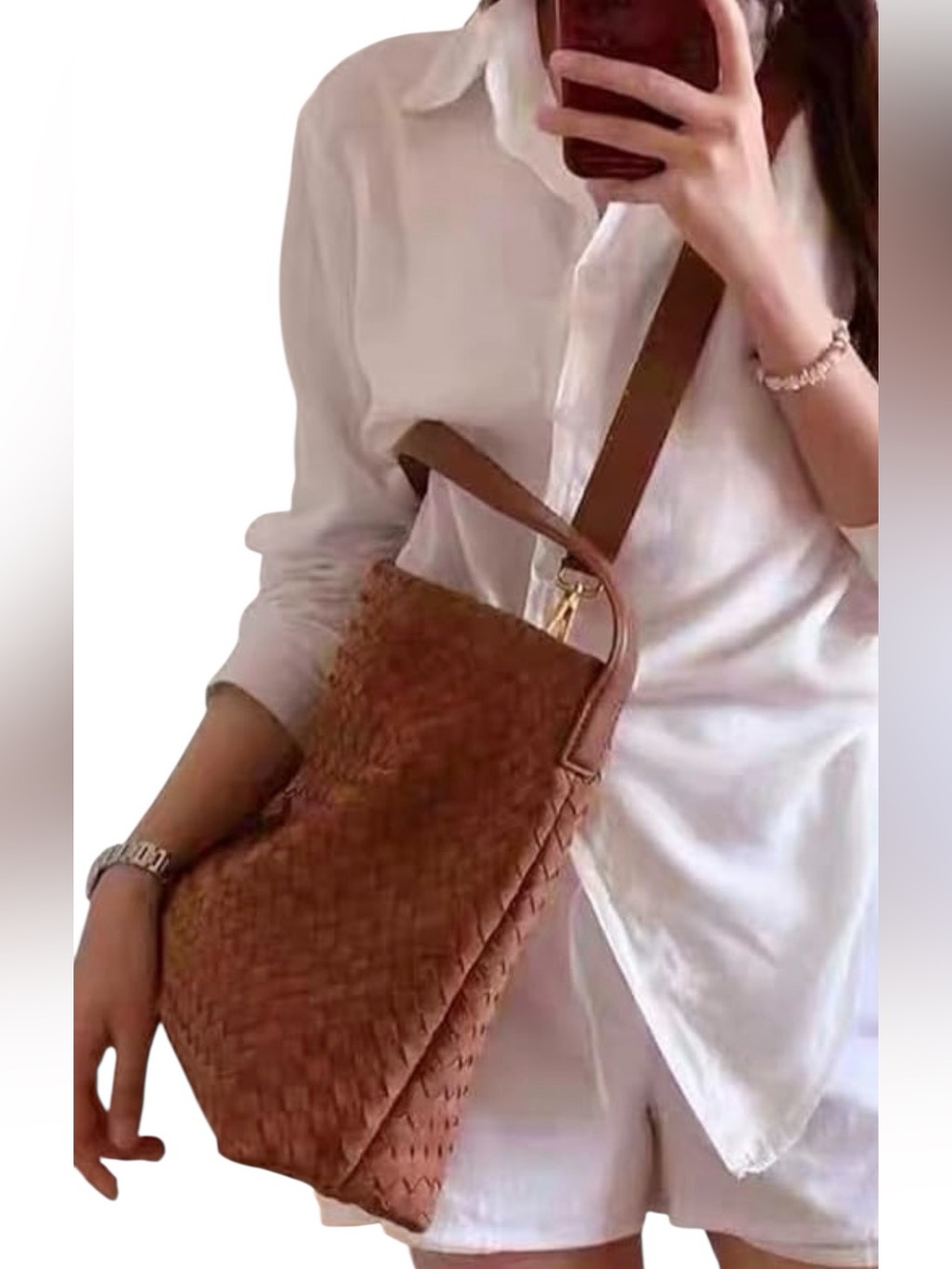 Hand made Woven tote suede Shoulder Bag in Cognac Brown - Picture 15 of 17
